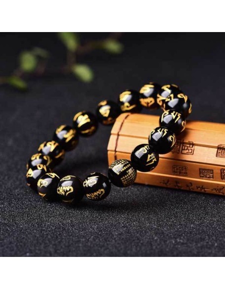 Obsidian Mani Mantra Bracelet - Luck & Protection