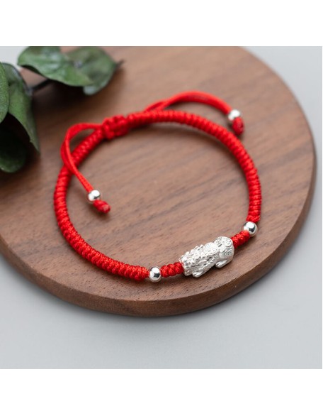Red String Silver Pixiu Bracelet - Attract Windfall Luck
