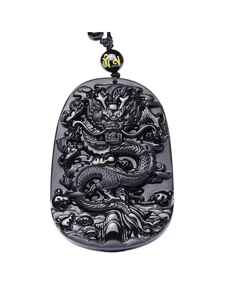 Natural Black Obsidian Dragon Necklace - Protection, Luck, Success