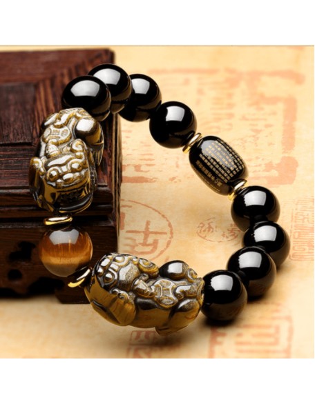 Natural Gold Obsidian Double Pixiu Bracelet