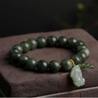 Green Jade Bracelet with Pixiu - Invite Wealth & Calming Energies
