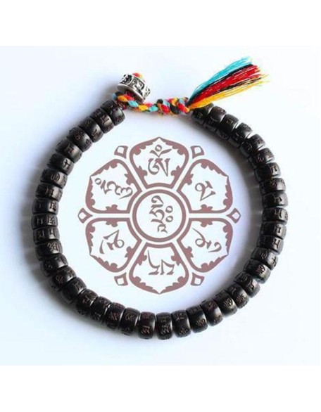 Coconut Shell Beads Bracelet with engraved Mantra - Attract Wisdom & Boost Spiritual Energy