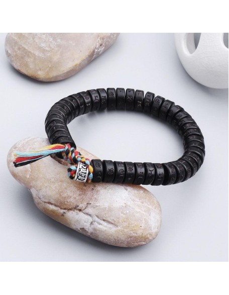 Coconut Shell Beads Bracelet with engraved Mantra - Attract Wisdom & Boost Spiritual Energy
