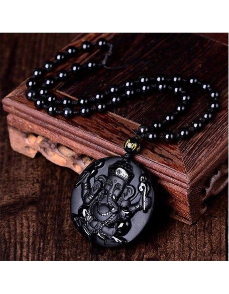 Obsidian Lord Ganesha Pendant - Necklace for Success