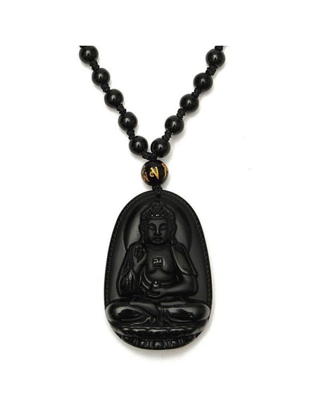 Black Obsidian Buddha Necklace Pendant - Protection & Courage