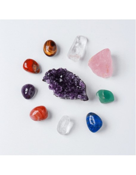 Crystal Box - Set of 7 Chakra Stones, Rose Quartz & Amethyst Cluster