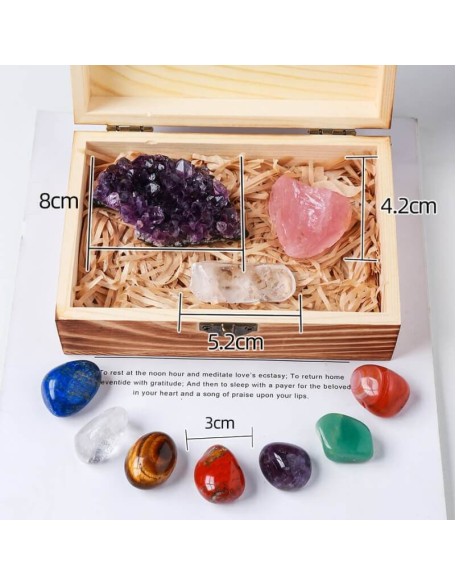 Crystal Box - Set of 7 Chakra Stones, Rose Quartz & Amethyst Cluster