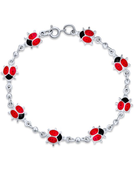 Bling Jewelry Good Luck Garden Lucky Multi Station Charms Enamel Red Ladybugs Charm Bracelet