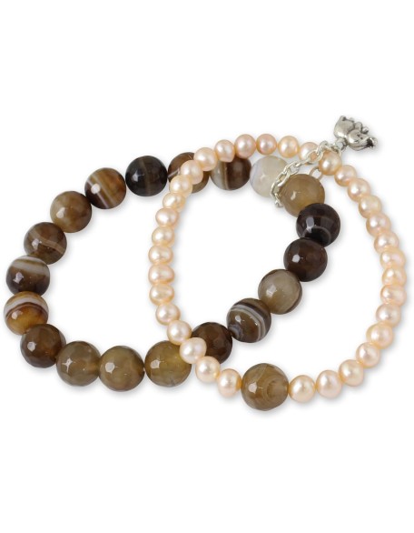 Handmade Silver Cultured Freshwater Pearl Agate Stretch Bracelet with Elephant Charm Fine Beige White Brown Beaded Thailand 'Iridescent Forest'