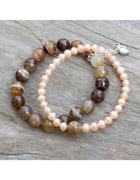 Handmade Silver Cultured Freshwater Pearl Agate Stretch Bracelet with Elephant Charm Fine Beige White Brown Beaded Thailand 'Iridescent Forest'