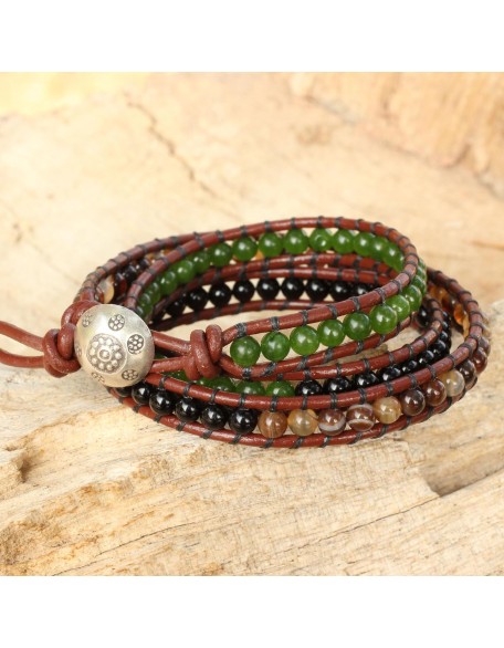 Handmade Onyx Agate Wrap Bracelet Artisan Crafted Multi Gemstone Fine Silver Quartz Multigem Multicolor Green Beaded Thailand Cypress Birthstone