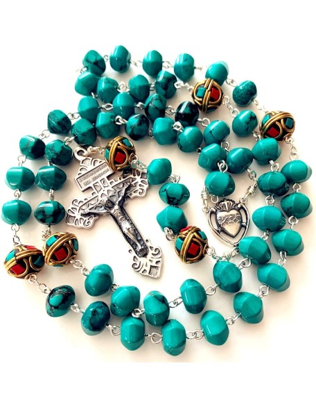 elegantmedical Turquoise TIBET COPPER BEADS STERLING 925 SILVER ROSARY NECKLACE Catholic