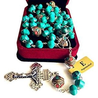 elegantmedical Turquoise TIBET COPPER BEADS STERLING 925 SILVER ROSARY NECKLACE Catholic