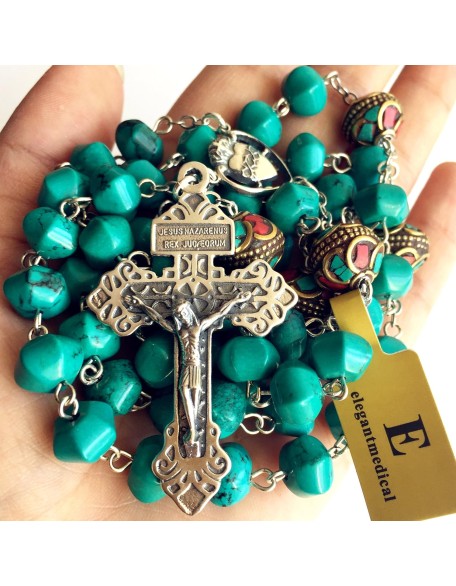 elegantmedical Turquoise TIBET COPPER BEADS STERLING 925 SILVER ROSARY NECKLACE Catholic