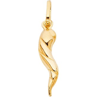 Italian Horn Pendant, 23x8 mm 14k Yellow Gold Twisted Cornicello Necklace, High Polished, Good Luck Charm