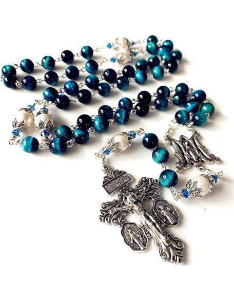 HANDMADE Peacock Blue Tiger Eye Prayer Beads Pearl sterling silver beads caps Catholic Rosary Necklace Gift Box Italy Parden Crucifix