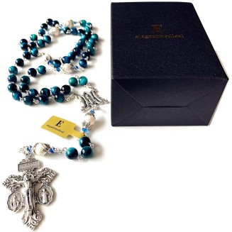 HANDMADE Peacock Blue Tiger Eye Prayer Beads Pearl sterling silver beads caps Catholic Rosary Necklace Gift Box Italy Parden Crucifix