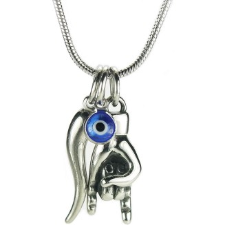 Mano Cornuto, Cornicello, and Nazar combo Necklace, on 18" Snake Chain, Italian Lucky Hand Horn Anti Evil Eye Good Luck Amulet Protection Charms All Stainless