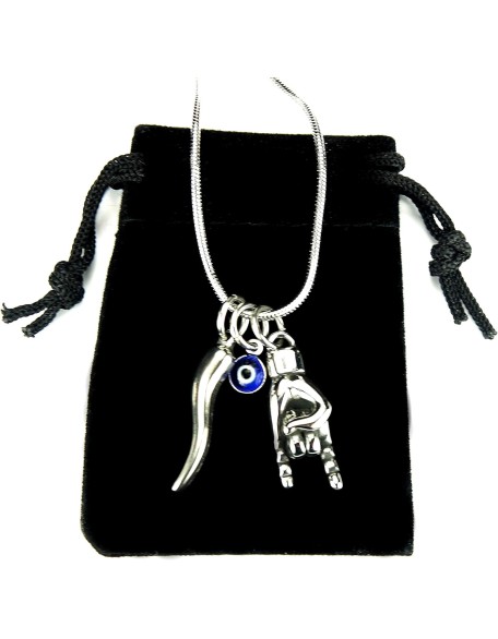 Mano Cornuto, Cornicello, and Nazar combo Necklace, on 18" Snake Chain, Italian Lucky Hand Horn Anti Evil Eye Good Luck Amulet Protection Charms All Stainless