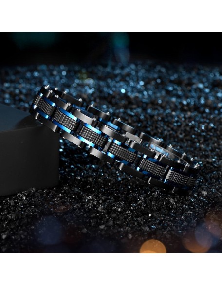 Men's Stainless Steel Two Tone Square Link Bracelet, Black and Blue Ion Plated Black