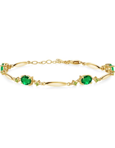 Gem Stone King 18K Yellow Gold Plated Silver Green Nano Emerald and Green Peridot Tennis Bracelet For Women