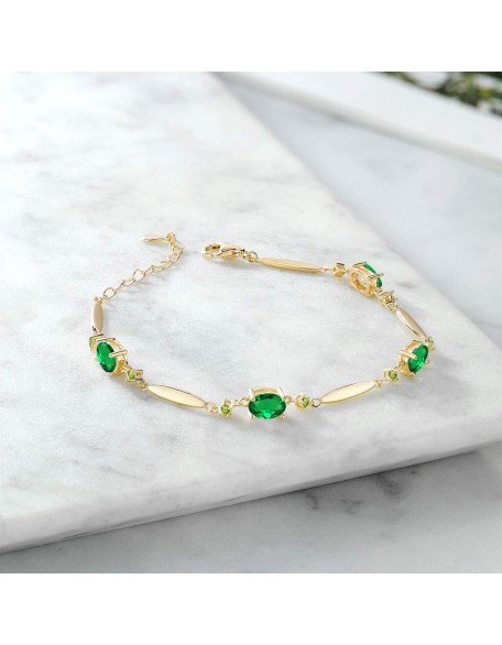 Gem Stone King 18K Yellow Gold Plated Silver Green Nano Emerald and Green Peridot Tennis Bracelet For Women