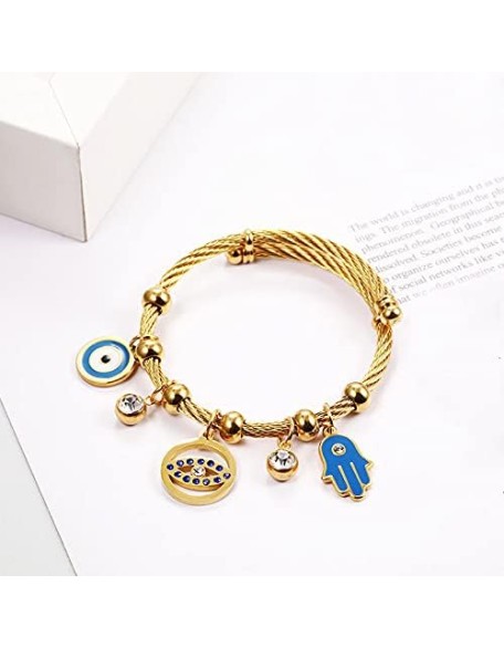 Polished Stainless Steel Turkish Lucky Symbol Fatima Hands Bangle Crystal Zircon Evil Eye Wrap Braclet 