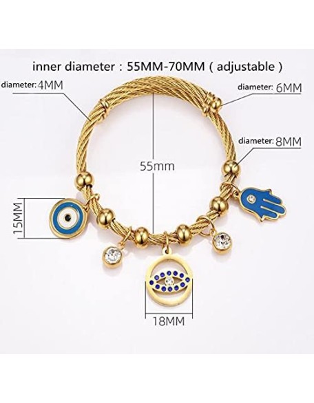 Polished Stainless Steel Turkish Lucky Symbol Fatima Hands Bangle Crystal Zircon Evil Eye Wrap Braclet 