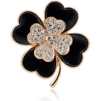 Brooch Pins Lucky Four Leaf Clover Gold Petal Rhinestone Crystal Valentines Flower Lapel Brooches