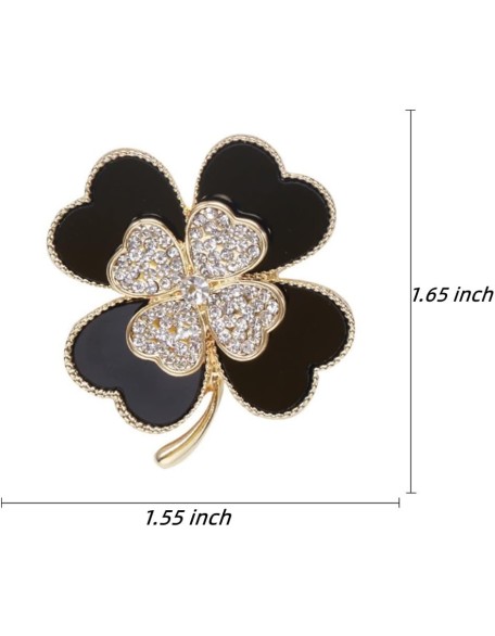 Brooch Pins Lucky Four Leaf Clover Gold Petal Rhinestone Crystal Valentines Flower Lapel Brooches
