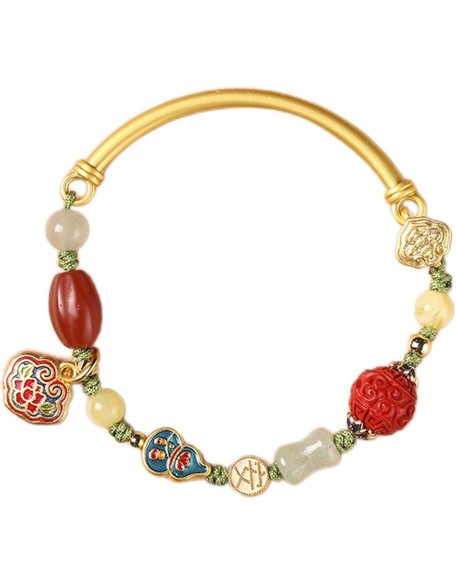 Bracelet Feng Shui Bangle Natural Cinnabar Aventurine Amber Pumpkin Enamel Wu Lou Lucky Charm Long Life Lock Pendant Multi Gem Hand Woven Rope Bracelet 