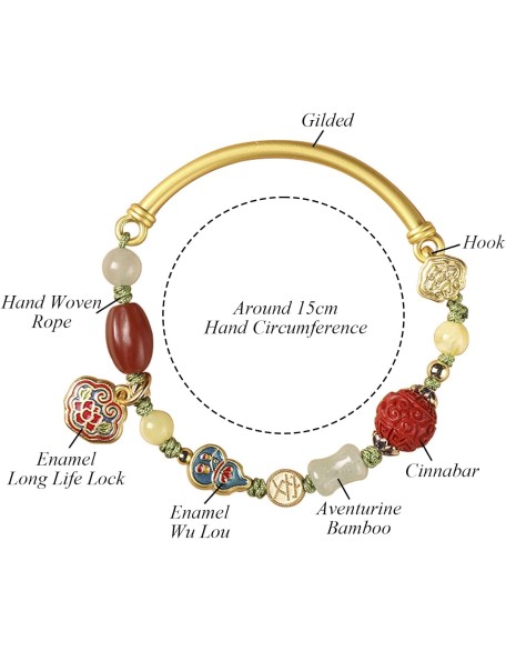 Bracelet Feng Shui Bangle Natural Cinnabar Aventurine Amber Pumpkin Enamel Wu Lou Lucky Charm Long Life Lock Pendant Multi Gem Hand Woven Rope Bracelet 