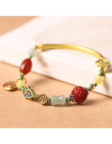 Bracelet Feng Shui Bangle Natural Cinnabar Aventurine Amber Pumpkin Enamel Wu Lou Lucky Charm Long Life Lock Pendant Multi Gem Hand Woven Rope Bracelet 