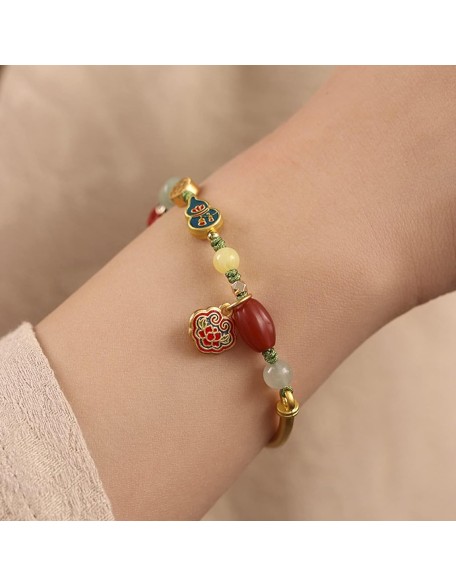 Bracelet Feng Shui Bangle Natural Cinnabar Aventurine Amber Pumpkin Enamel Wu Lou Lucky Charm Long Life Lock Pendant Multi Gem Hand Woven Rope Bracelet 