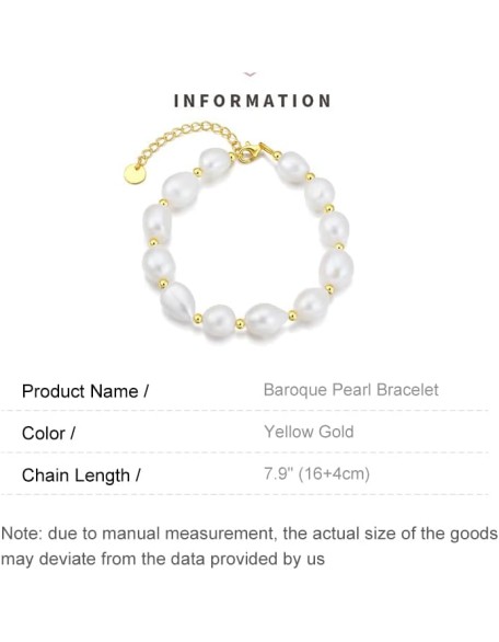 14K Gold Baroque Pearl Bracelet, Pure White Freshwater Pearl Bracelet