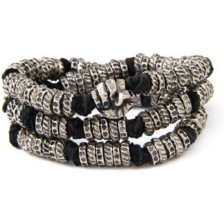 Men's Bracelets. Mens Black Leather and Silver Colored Donut Beads Wrap Around Bracelet