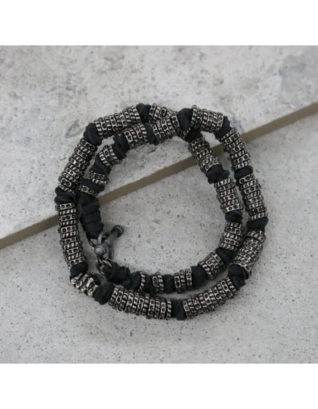 Men's Bracelets. Mens Black Leather and Silver Colored Donut Beads Wrap Around Bracelet