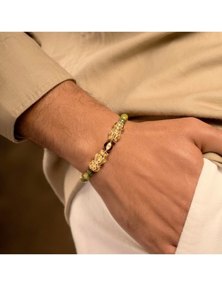 Established Resilience - Double Dragon Jade 18K Gold Plated Brass Bracelet, Evil Eye Symbol deflects negativity, Jade stones for cleansing