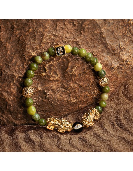 Established Resilience - Double Dragon Jade 18K Gold Plated Brass Bracelet, Evil Eye Symbol deflects negativity, Jade stones for cleansing