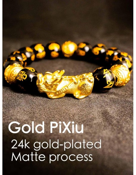 Feng Shui Bracelet Obsidian Bracelet, 24k Gold Plated Pixiu Bracelet Dragon Protection for Men Women