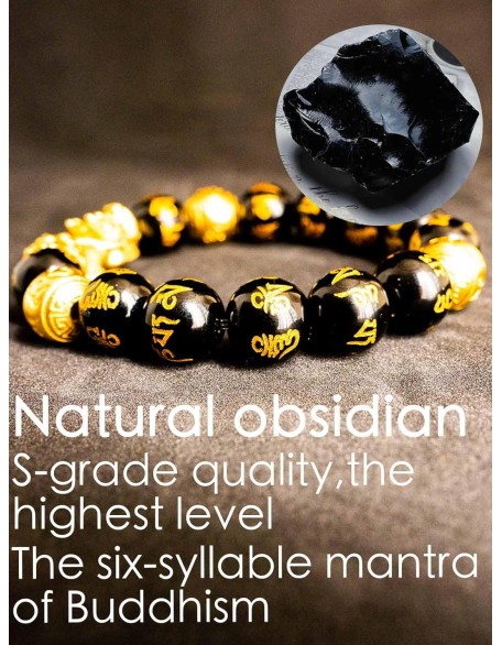 Feng Shui Bracelet Obsidian Bracelet, 24k Gold Plated Pixiu Bracelet Dragon Protection for Men Women