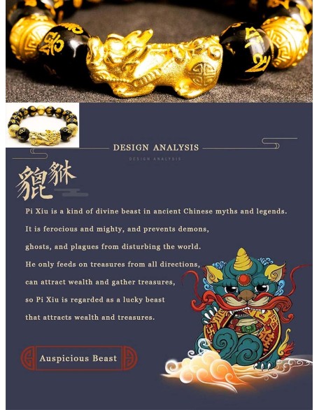 Feng Shui Bracelet Obsidian Bracelet, 24k Gold Plated Pixiu Bracelet Dragon Protection for Men Women