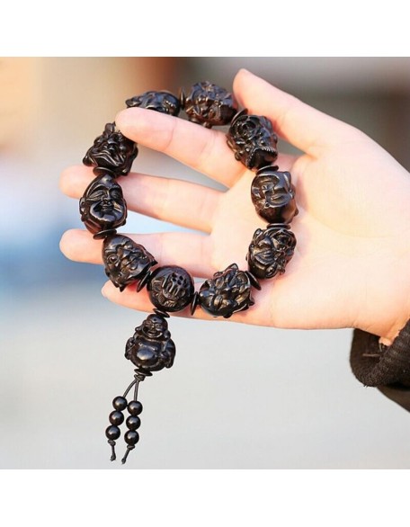 Bracelets,gifts for her,Ebony Wood Carved Arhats Head Beads Bracelet Buddha Prayer