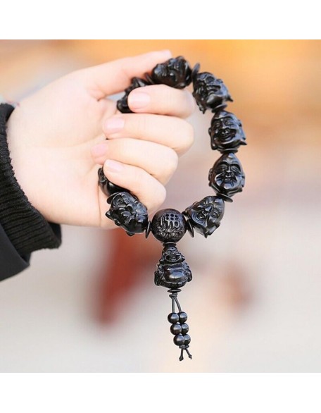 Bracelets,gifts for her,Ebony Wood Carved Arhats Head Beads Bracelet Buddha Prayer