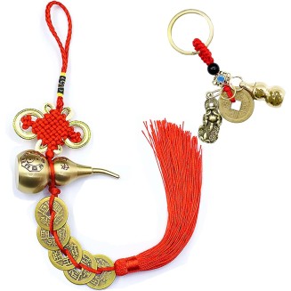 1PCS Chinese New Year Lucky Coins Charm Gourd Chinese Knot Tassel and 1PCS Feng Shui Key Chains Gourd with PIXIU Coin, Hanging Tassel Pendant Bring Luck Healt Wealth