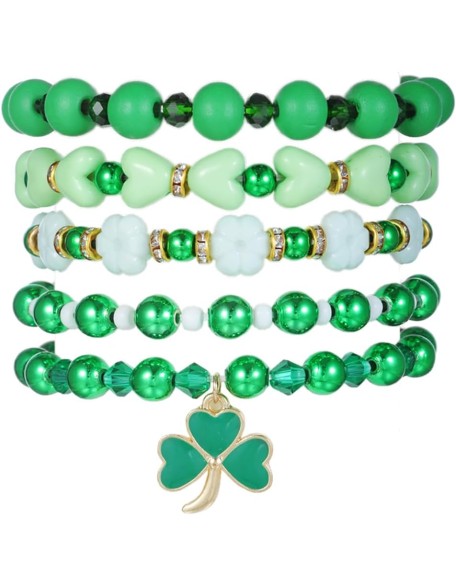 Cute Wooden Beads Bracelet Set Handmade Dwarf Hat Irish Shamrock Wooden Green Clover Strecth Bracelets
