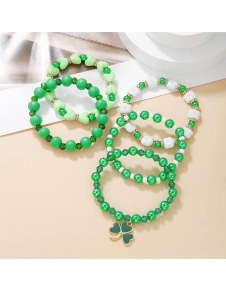 Cute Wooden Beads Bracelet Set Handmade Dwarf Hat Irish Shamrock Wooden Green Clover Strecth Bracelets