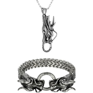2PCS Men's Stainless Steel Dragon Head Pendant Necklace Heavy Bracelet Unique Delicate Jewelry Accessories
