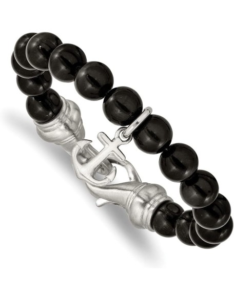 Chisel Stainless Steel Brushed Nautical Ship Mariner Anchor Black Agate Beaded Bracelet