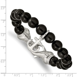 Chisel Stainless Steel Brushed Nautical Ship Mariner Anchor Black Agate Beaded Bracelet